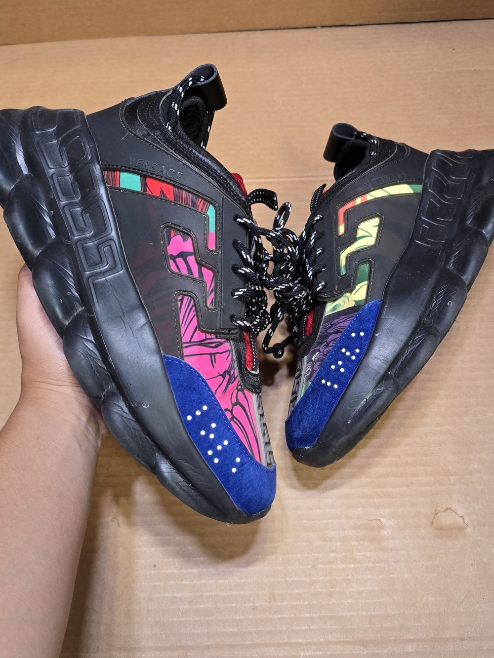 Versace Men’s Black Multicolor Sneakers with Blue Suede Toe